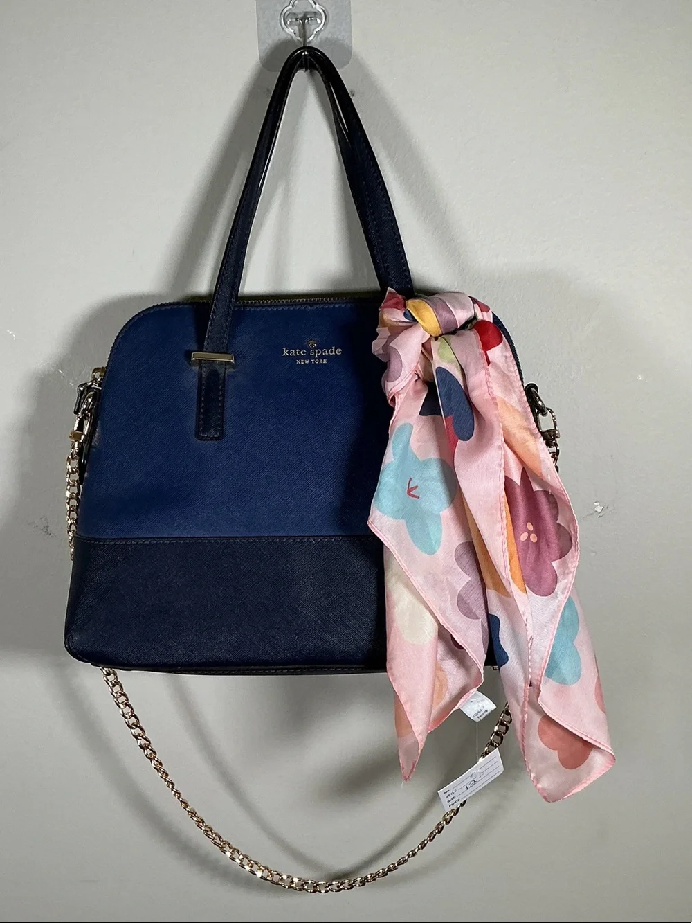 Kate Spade New York Blue Structured Satchel Crossbody Purse Gold Chain